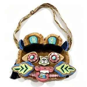 Embroidered Tiger Head Plush Crossbody Bag - Trendy Ethnic Boho Shoulder Purse for Women