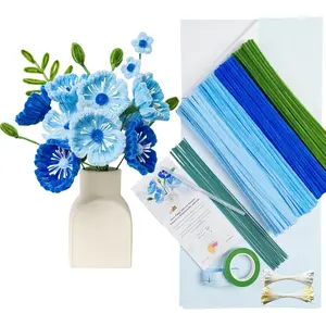 200 count Blue Pipe Cleaner  Craft kit for DIY Corn Poppy Bouquet with tutoria(4 Colors),Chenille Stem  Craft with 15 count Green Floral Wires,Gardening Tape,Stamen(2 Colors)