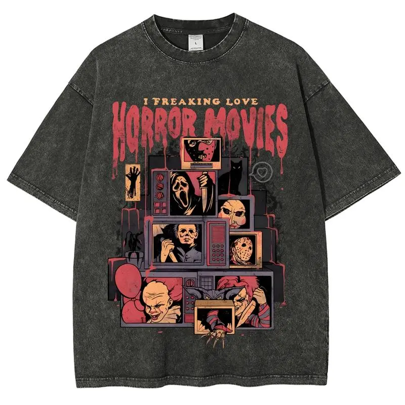 Casual Unisex Washed T-Shirt - Horror Movies Print, Premium Cotton, Breathable, Layerable, Fun Fashion Top for Men & Women