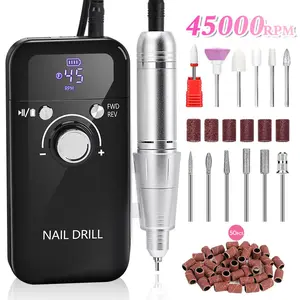 Electric Nail Drill Professional 45000RPM, Portable Cordless E-File Nail Drill Kit with Clip-on Holder Rechargeable Nail Drills Machine for Acrylic Nails Gel Polishing with 11 Drill Bits, 56 Sanding Bands & Base