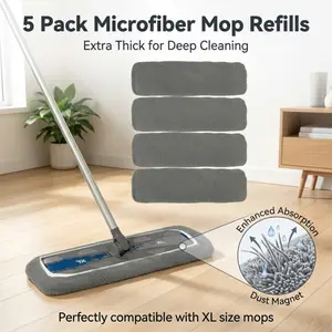 5-pack of universal microfiber mop mats, machine washable, highly absorbent, suitable for both wet and dry cleaning of household floors.