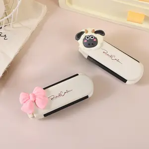 2PCS Mini Folding Hair Brush with Mirror Cartoon Portable Travel Airbag Comb Anti-Static Compact Hairbrush for Women Girls