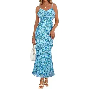 MEROKEETY Women's Floral Maxi Dress 2026 Summer Beach Spaghetti Strap Ruffle Bodycon Wedding Guest Cocktail Long Dresses