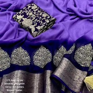 Banarasi Georgette Saree - Soft Purple with Zari Embroidery, Leaf Design, 379 Deep Purple Color, 70-30 Color Dying, Two Color Options Deep Pink and Dark Lavender with ready Blause free size