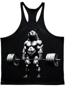 Men's Muscle Bear Deadlift Barbell Graphic Fitness Tank Top, Sporty Loose-Fit Sleeveless Shirt, All-Season Gym Wear