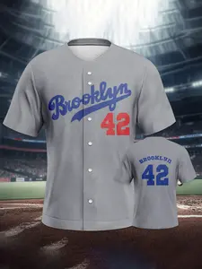 Brooklyn Legend Blue Baseball Jersey, Vintage Classic Sportswear, Geometric Design, Short Sleeve, Fitted H-Type, All Seasons