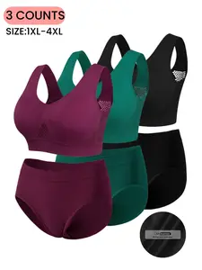 Plus Size Women's Underwear Set, Seamless Wide Strap Bra and High-Waist Comfortable Stretch Panties,Basic Lingerie Suit,All-Season Home Wear