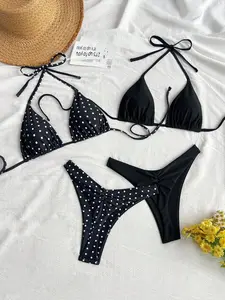 HIBOMARI 4pcs/Set New Multicolor Black & White Polka Dot Solid Black Polyester Twisted Side High Cut Thong Bikini Swimsuit Set For Women, Suitable For Beach & Vacation For Summer