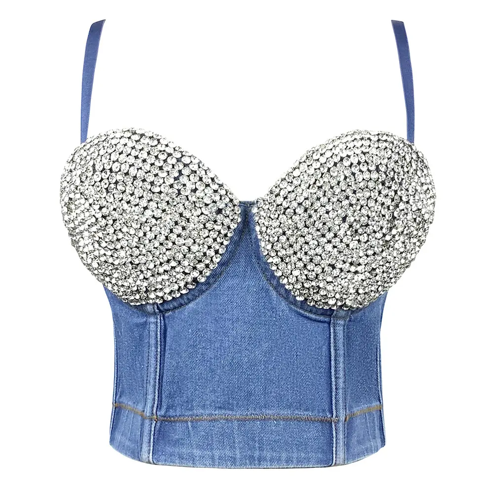 Women's Short Sleeveless Handmade Denim Rhinestone Fishbone Shaper Tank Top - Sexy Club Summer Rave Party Corset Camisole, Streetwear Sling Crop Shirt Vest, Camiseta Mujer, Crop Tops For Women, Club‑Ready Shine
