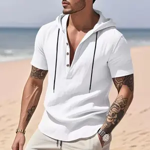 Men’s hooded drawstring short-sleeve T-shirt with half-button closure, breathable summer linen, casual versatile solid color top suitable for daily commuting and outdoor sports.