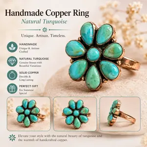 Adjustable Blue Majave Turquoise Flower Cluster Copper Ring