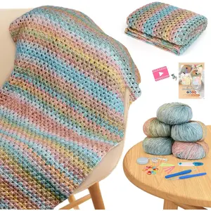 Blanket Crochet Kit for Beginners, Super Easy Crochet Blanket Kit with Soft & Colorful Gradient Yarns, Detailed Video Tutorials, Crocheting Accessories, Classical Gradient & Ideal Gift