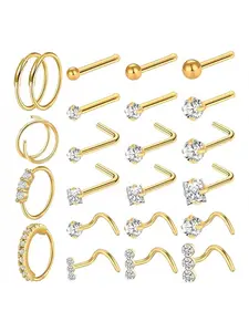Stainless Steel Nose Ring Set, 23 Pieces with Zircon Embedded, L-Type, Spiral, Bent Bar Piercing Jewelry