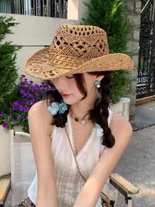 Women's Boho Style Straw Hat, Cowboy Style Hat Trendy Minimalist Fitted Structure Empty Top Sun Hat, Fashionable Sun Hat for Outdoor Activities