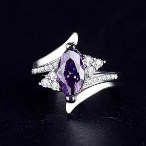 September Laurel  Romantic Elegant Marquise-Cut Purple Artficial Crystal Cubic Zirconia Ring - Bridal Wedding Engagement Anniversary Gift - Luxury Light Jewelry Accessory