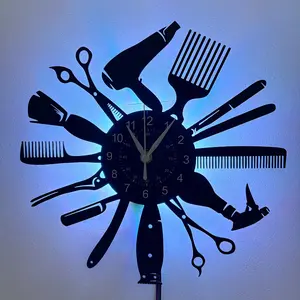 7-Color Changing Silent LED Wall Clock Suitable for Hair Salons - Modern Vinyl Hairdresser with Irregular Shape, Black Design & Multicolor for Beauty Salon Decor, Gift for Hair Stylists, Scissors/Dryer Wall Art