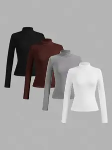 Four-piece set of women's classic high collar warm style versatile black, brown, gray, white four basic colors four-piece set undershirt, suitable for daily casual style, workplace commuting style, layered fashion style and other styles