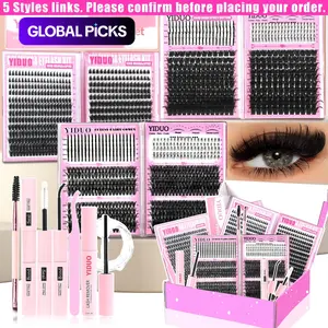 1488pcs Lash Cluster Kit, Individual Eyelash Kit, Home DIY Makeup Eyelash Extensions Set with 10 Styles (50D/60D/80D/100D/Bottom/Spike/Manga/Volume 5–20mm), D-Curl Cluster Eyelash Extension Kit with Lash Bond & Seal, Remover, Tweezers & Brush