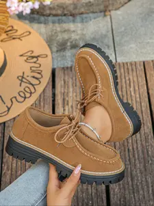 Women's Vintage Lace-Up Leather Loafers, Lightweight Comfortable Anti-Slip Soft Sole Fashion Flat Shoes, Round Toe Wide Fit All Seasons, Versatile Work Shoes