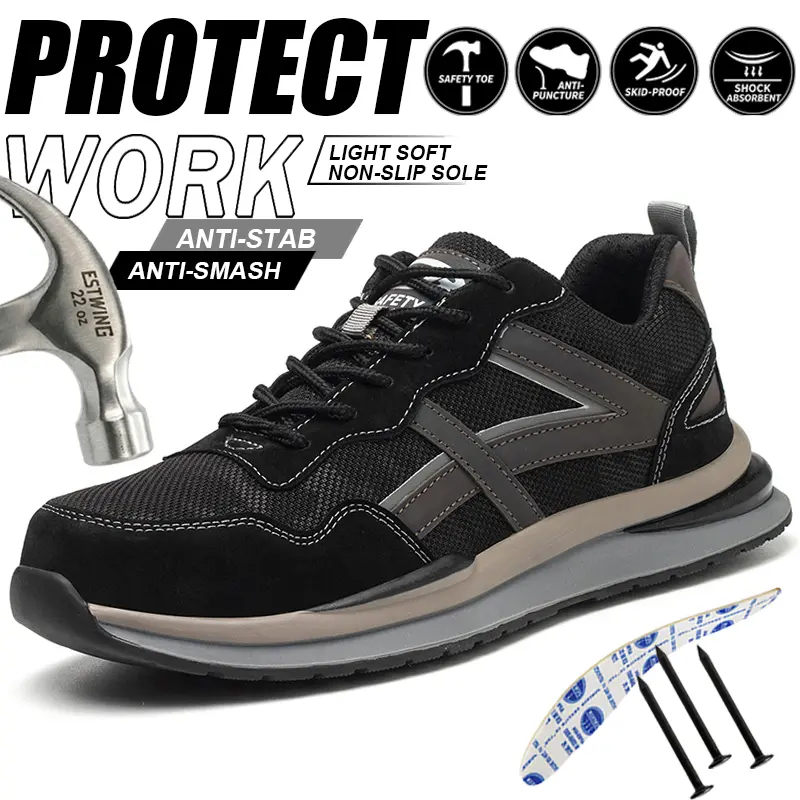 Men's Lightweight Steel Toe Safety Shoes Breathable Work Sneakers Anti-Smashing Puncture-Proof Padded Indestructible Shoes Reflective Night Safety Slip Resistant Industrial Construction Boots Splash Proof Welder Shoes