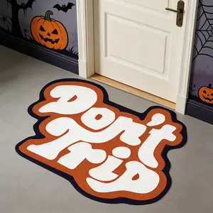 Halloween Bubble Letter Pumpkin Color Door Mat, Retro Style Entrance Rug, Fun American Slogan Foot Pad, Halloween Night Dust Removal Mat