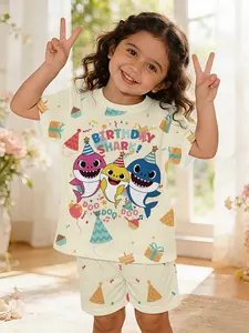 Birthday Shark Party Baby Girl Outfit Set - Digital Printed 100% Polyester Baby Short-sleeve Set, cute baby girl casual clothing, suitable for daily and outdoor sports T-shirts, a perfect gift for babies and toddlers