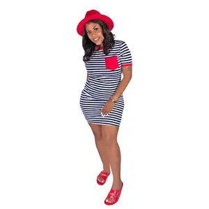 Color Block Striped Print Dress, Casual Short Sleeve Bodycon Mini Dress With Pocket, Women'S Clothing