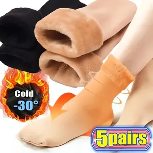 5 Pairs Winter Warm Solid Women's Socks Thicken Thermal Wool Cashmere Black Skin Seamless Snow Sock Velvet Unisex Basic Cold -30° Smooth Everyday