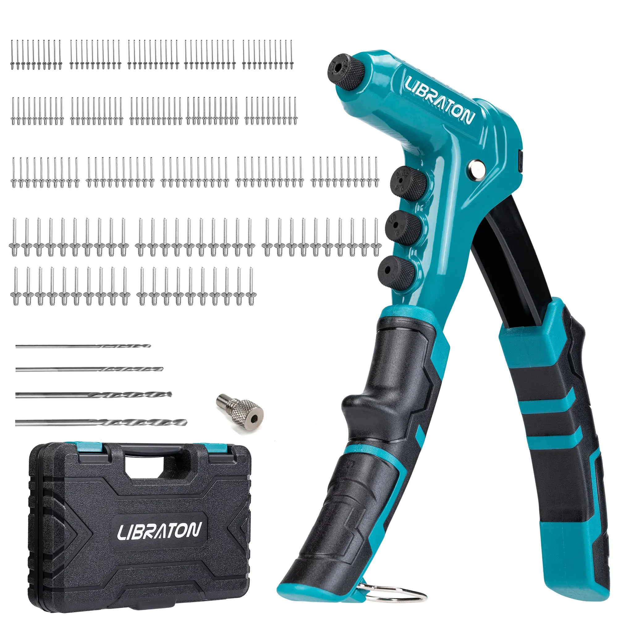 Libraton One-Handed Rivet Gun, Pop Rivet Gun Set, Professional Hand Riveter, Manual Riveting Tool with 200 Rivets for Metal, Includes 4 Drill Bits, 4 Tool-Free Interchangeable Heads, Storage Case outdoorfun Hand Tools Hardware fathersdaygi