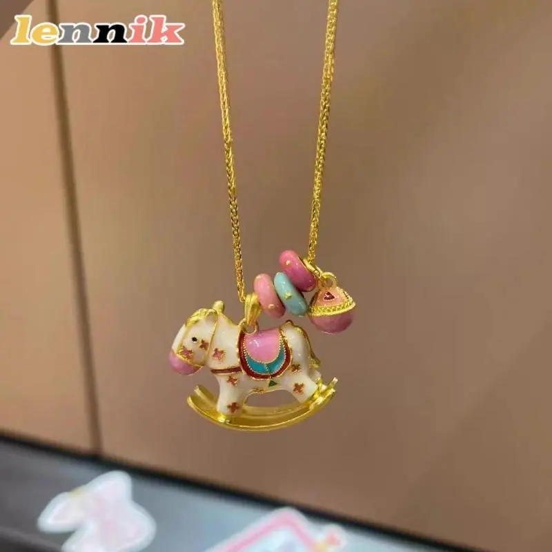 LENNIK Cartoon Enamel Drop Oil Carousel Pendant Necklace Fashion Childlike Colorful Dopamine Donut Collarbone Chain Jewelry