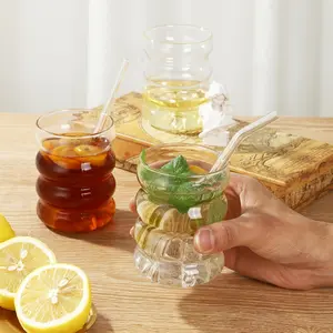 5pcs (2pcs cup+2pcs straw+1pc straw brush) Exquisite coffee cup, high borosilicate caterpillar glass cup, breakfast milk cup, juice cup, milkshake cup, cocktail cup, sake cup, heat-resistant and cold resistant glass teacup
