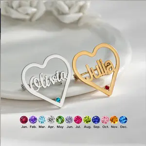 X2290 Personalized Custom Name Hollow Love Birthday Stone Brooch Stainless Steel DIY Name Brooch Jewelry Women