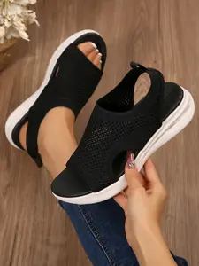 Women's Summer Wedge Sandals, Casual Fashion Sandals, Flyknit Fabric, Breathable Lightweight Comfort, Fish Mouth Design, Beach & Walking Shoes