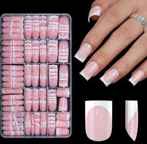 300Pcs Sharp Square French Tip Press On Nails-Anyos Gel Nail Tips Short,No File Need Tips Pre-Designed,Fake Nails for Nail Art DIY 15Sizes(Pink)