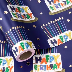 Blue Birthday Gift Wrap Paper Roll, Metal Foil Cake Candle Design, DIY Party Decor, 43.2cm X 500cm, Ideal for Boys, Men, Baby Shower