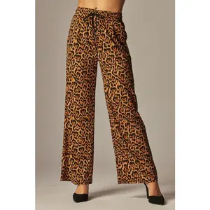 Charlotte - Leopard Print Rib Drawstring Pocket Wide Leg Pant