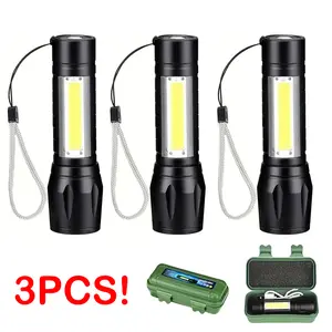 3Packs Ultra-Bright LED Mini Flashlight with COB Side Light, Portable Adjustable Telescopic Design, USB Rechargeable, Aluminum Alloy Case Outdoor