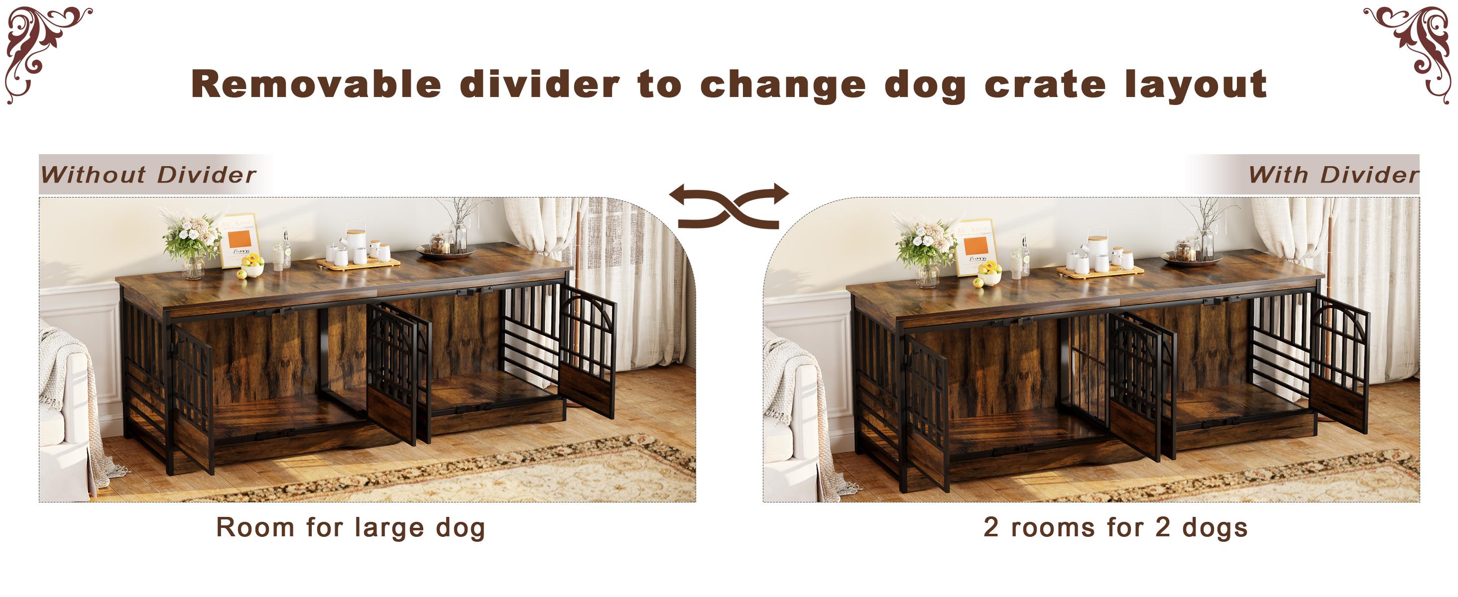 COZPAW 86 Inch Double Dog Crate Furniture for 2 Dogs, Decorative Dog Kennel Indoor TV Stand, Heavy Duty Wooden Dog Cage for Large Medium Dogs Sized Dog Pet House with Divider (Brown)
