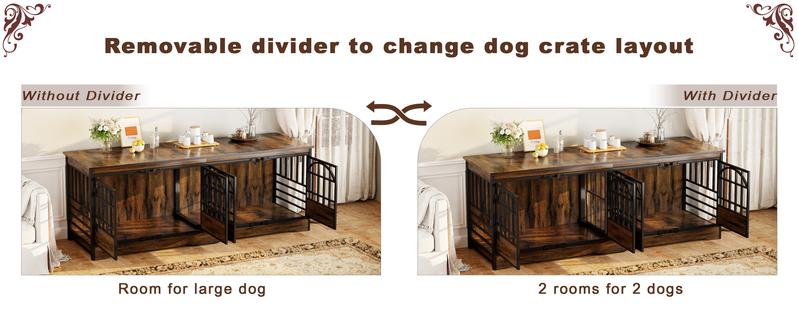 COZPAW 86 Inch Double Dog Crate Furniture for 2 Dogs, Decorative Dog Kennel Indoor TV Stand, Heavy Duty Wooden Dog Cage for Large Medium Dogs Sized Dog Pet House with Divider (Brown)