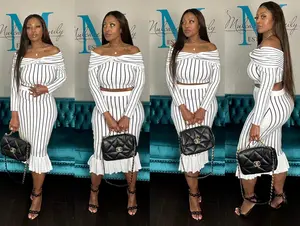 Perfect Fit Striped 2 Pc Off the Shoulder Skirt Set