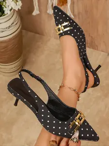 Women's Black & White Polka Dot Pointed-Toe Slingback Pumps Thin Heel Gold Buckle Detail Elegant Office Party Dress Shoes Evening Footwear Comfortable Lightweight Fashion Lifestyle Shoes Christmas heartwarming gift 16.330886