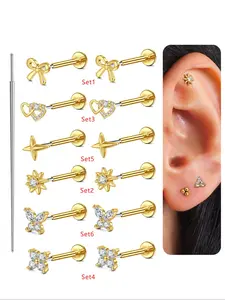 Stainless Steel Cubic Zirconia Earrings, 20g Push-In Studs, Heart Butterfly Design, Unisex Cartilage Ear Piercings, Fashion Body Jewelry Gift