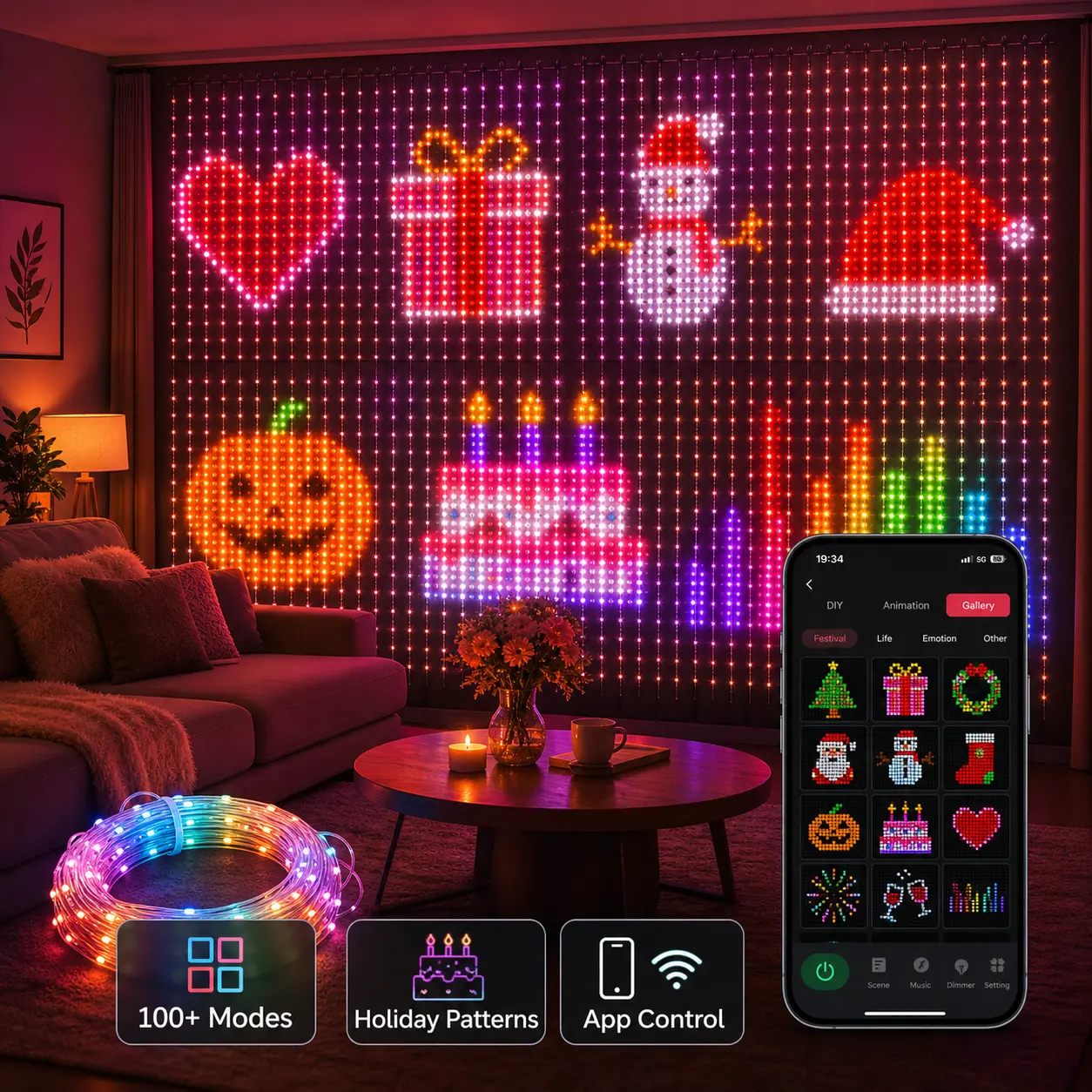 RGB Magic Curtain Lights, 400-LED Indoor RGB Lighting with DIY Text, Music Sync, 16M Colors, Custom Messages & Patterns, Adjustable LEDs for Party, Holiday Decorations remote dj