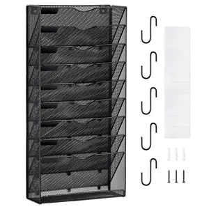 VEVOR Hanging Wall Files Organizer,  10-Tier Vertical Wall File Holder, Metal Wall Mounted Magazine Mail Paper Document Storage Folder, with Nametag Label, Bottom Flat Tray, for Office Home & School