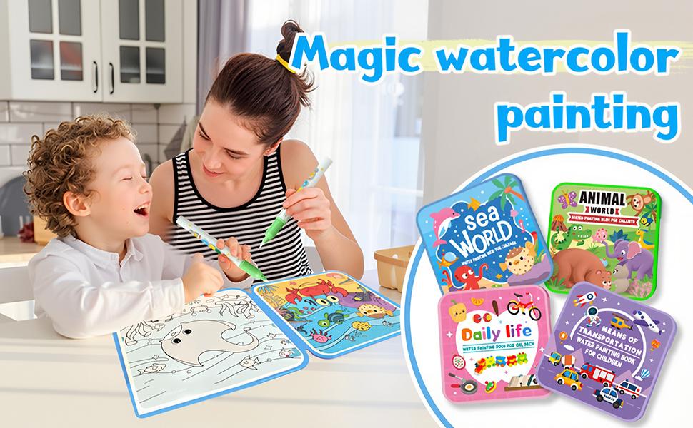 4Pcs Magic Water Painting Book for Kids Ages 3-6 – Reusable No-Mess Coloring Pad with Water Pen, Montessori Educational Drawing Toy for Travel, Birthday & Holiday Gift