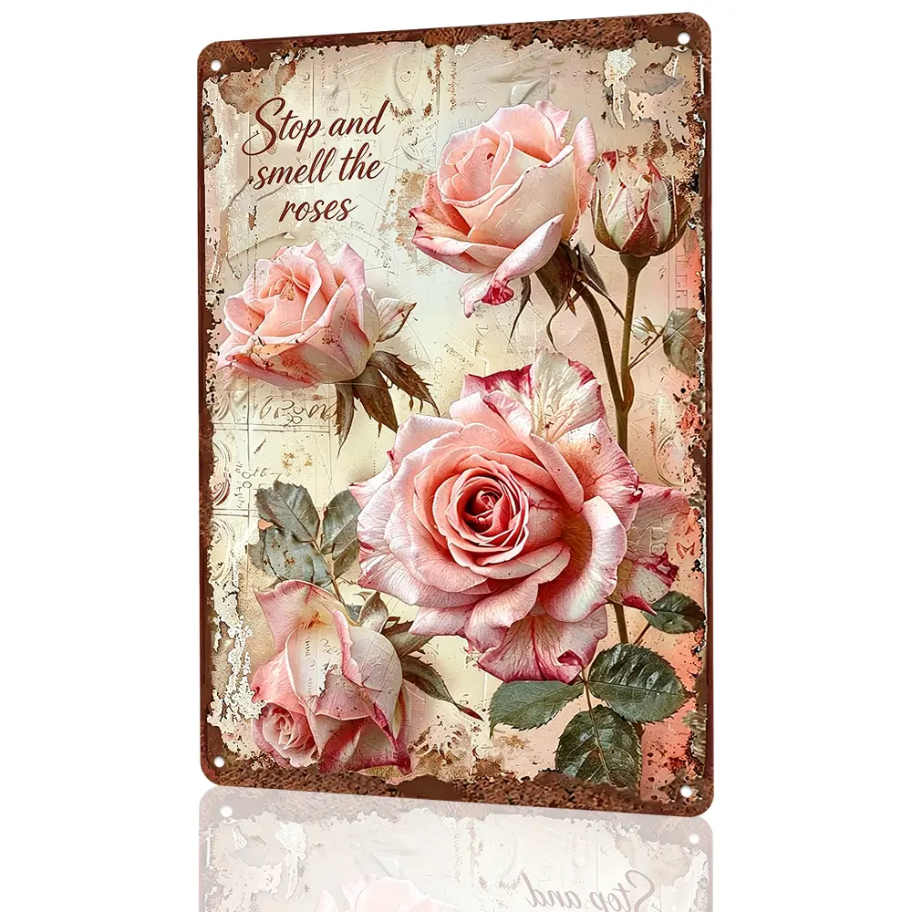 Vintage "Stop and Smell the Roses" Floral Quote Sign, Distressed Pink Rose Art Style, 8"x12", Durable Aluminum, Indoor/Outdoor Garden & Home Decor, For Flower Lovers & Romantics, Nostalgic & Gentle, Thoughtful Gift For Gardeners