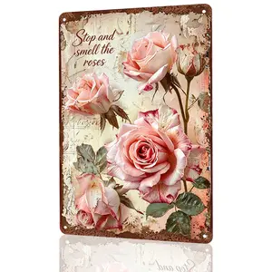 Vintage "Stop and Smell the Roses" Floral Quote Sign, Distressed Pink Rose Art Style, 8"x12", Durable Aluminum, Indoor/Outdoor Garden & Home Decor, For Flower Lovers & Romantics, Nostalgic & Gentle, Thoughtful Gift For Gardeners
