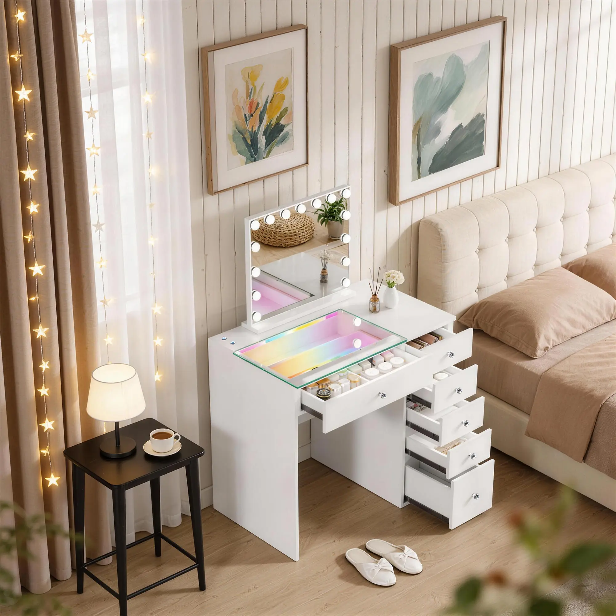 VANITII 35'' 6-Drawer Vanity Desk with Matching 23×18'' Hollywood LED Makeup Mirror, 15 Bulbs, 10X Magnifier & USB Port, Dressing Vanity Set for Bedroom, Apartment & Dormitory