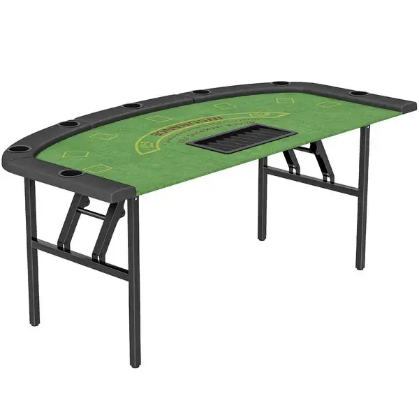 Foldable 72" Casino Poker Table - Portable Blackjack Table for 8 Players with Felt Surface, Cup Holders, Green Finish, Folding Legs, MDF Construction, Steel Components, Mdf,Felt,Steel