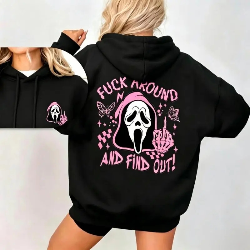 Scream Skeleton Spooky Fck Around And Find Out Sweatshirt, 2 Side Halloween Ghost Face Hoodie, Fall Tee, Coffee Lover Fall Tee, Halloween Casual Sweatshirt Hooded Outfiter Gift For Best Friend HusBand Wife,sohochic
